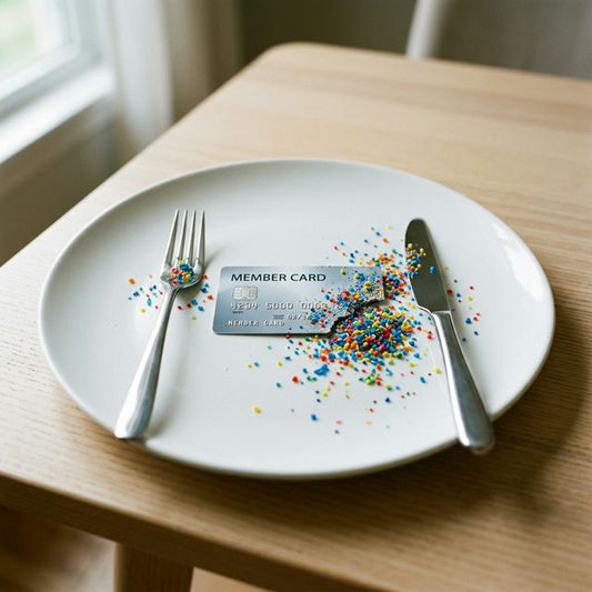 Un card de credit pe o farfurie care se descompune în microplastice, simbolizând consumul săptămânal de plastic.